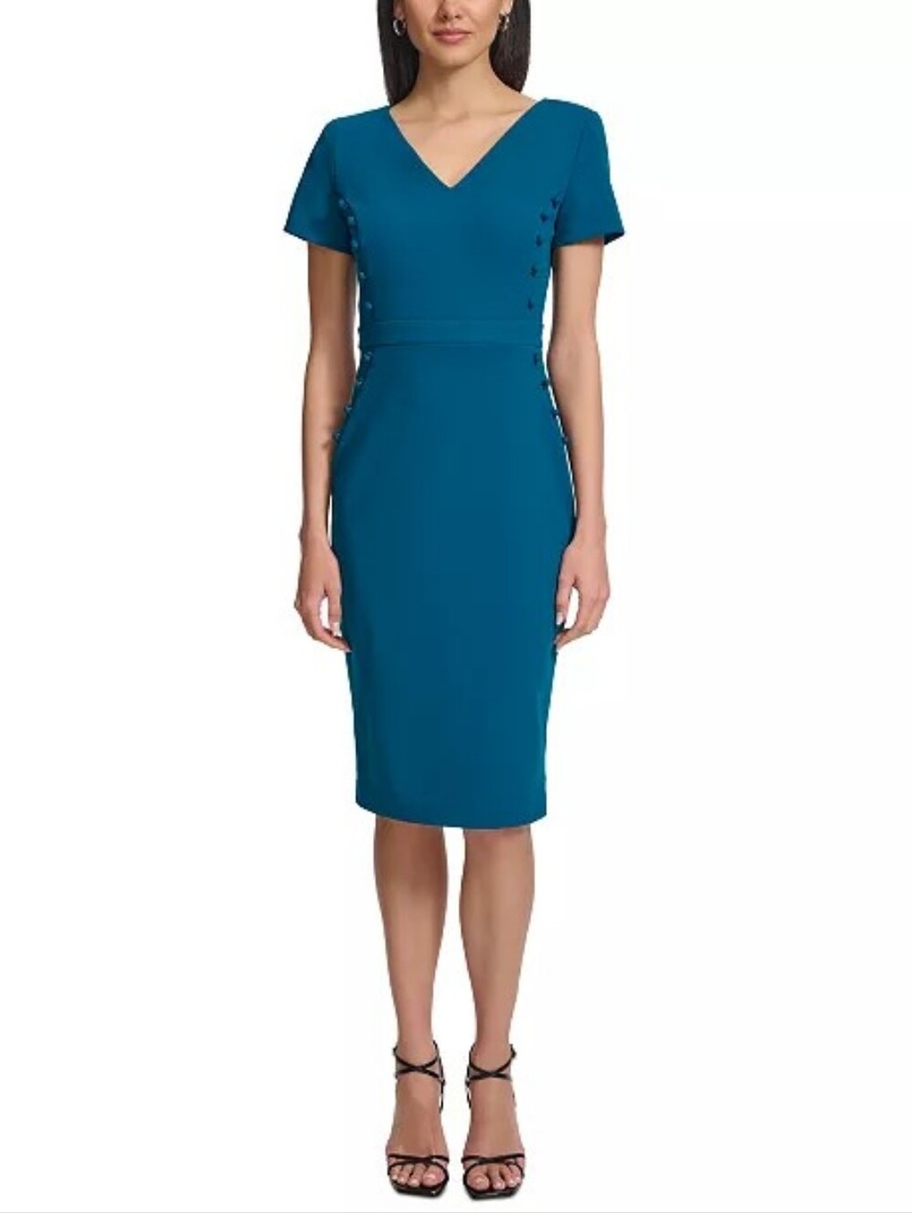 Calvin Klein Scuba Crepe Button Detail Sheath Dress, Cypress Teal, Size 10